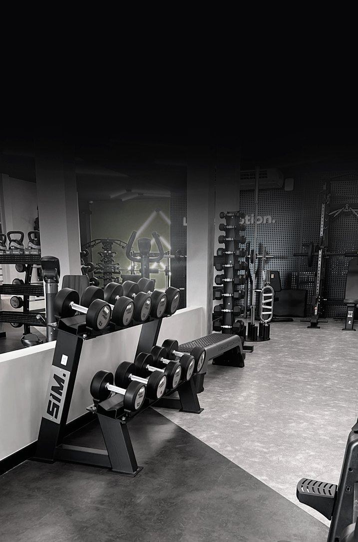 Sala de pesos equipada com racks e dumbbells Sim Fitness
